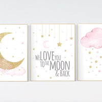 Nursery wall art girl , gold and pink, cloud, moon, stars, girl nursery ideas, nursery wall art, we love you to the moon and back,