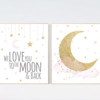 Nursery wall art girl , gold and pink, cloud, moon, stars, girl nursery ideas, nursery wall art, we love you to the moon and back