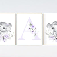 Purple nursery, Boho baby room, nursery wall art elephant, nursery decor girl, nursery decor girl floral, lilac nursery decor, lavender