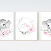 Nursery wall art elephant, nursery decor girl flower, nursery decor girl floral, Boho baby room, pink nursery decor, flower baby room