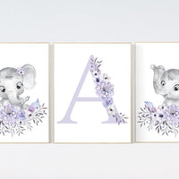 Purple nursery, Boho baby room, nursery wall art elephant, nursery decor girl, nursery decor girl floral, lilac nursery decor, lavender