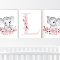 Nursery wall art elephant, nursery decor girl flower, nursery decor girl floral, Boho baby room, pink nursery decor, flower baby room