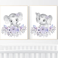 Nursery wall art elephant, nursery decor girl purple, nursery decor girl floral, lilac nursery decor lavender, Boho baby room, lilac nursery