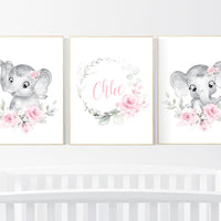 Nursery wall art elephant, nursery decor girl flower, nursery decor girl floral, Boho baby room, pink nursery decor, flower baby room