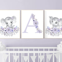 Purple nursery, Boho baby room, nursery wall art elephant, nursery decor girl, nursery decor girl floral, lilac nursery decor, lavender