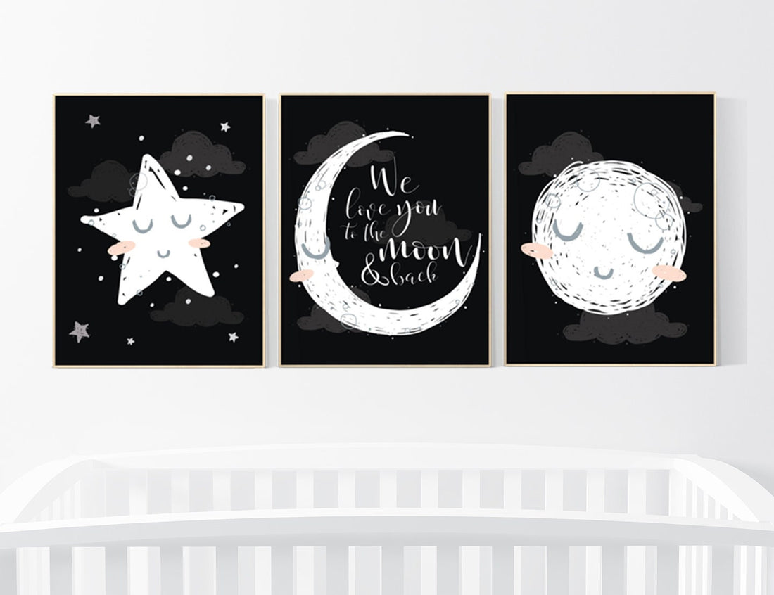 Nursery decor black and white, black nursery, nursery decor neutral, baby room decor gender neutral, moon and stars, nursery decor ideas