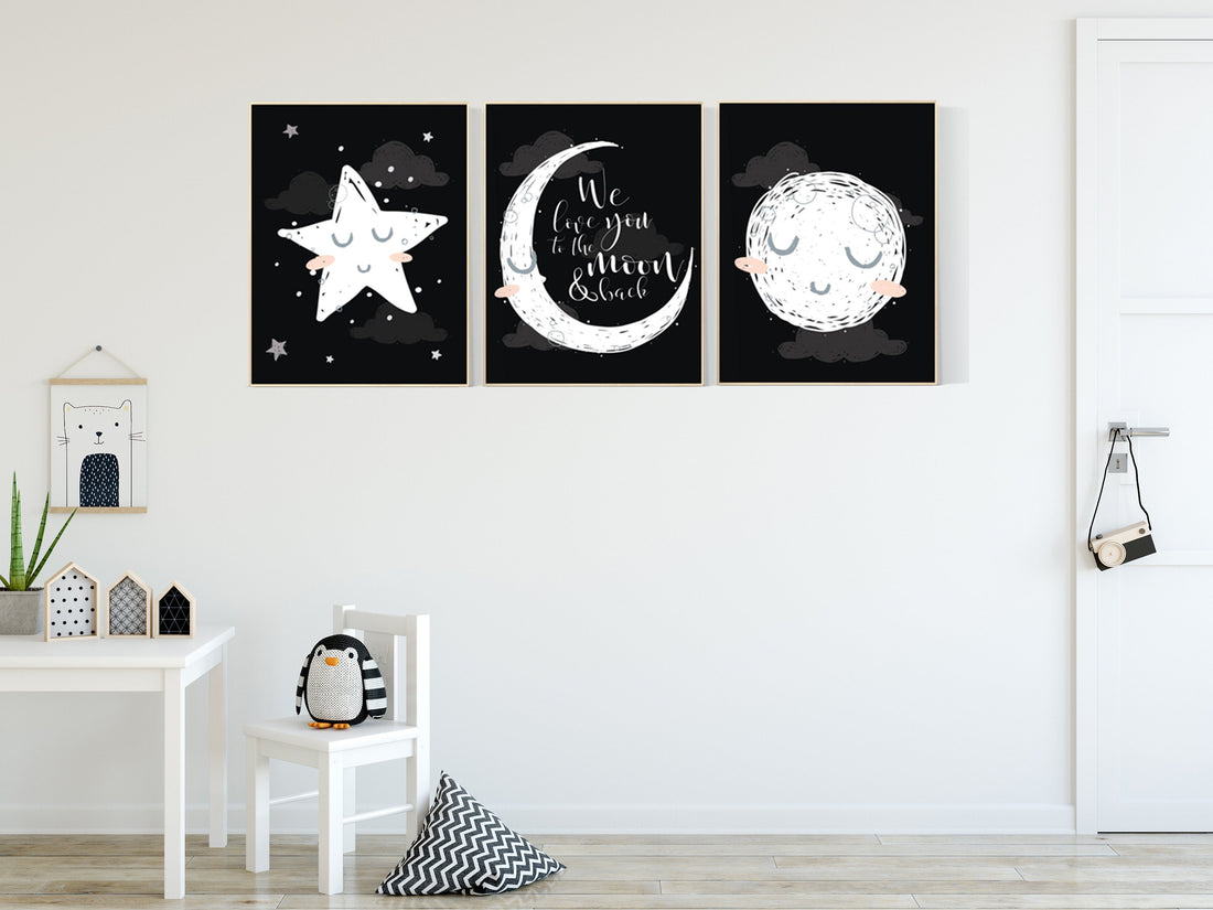 Nursery decor black and white, black nursery, nursery decor neutral, baby room decor gender neutral, moon and stars, nursery decor ideas