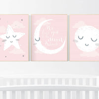 Nursery decor girl, nursery wall art pink and grey, moon star, cloud, nursery wall art girl, girl nursery print, nursery decor girl print