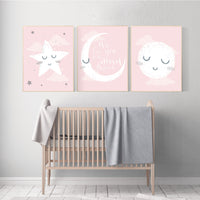 Nursery decor girl, nursery wall art pink and grey, moon star, cloud, nursery wall art girl, girl nursery print, nursery decor girl print