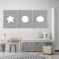 Nursery wall art grey, gray nursery, nursery decor neutral, baby room decor gender neutral, moon and stars, grey nursery decor baby room art