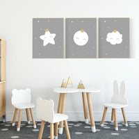 Nursery wall art grey, gray nursery, nursery decor neutral, baby room decor gender neutral, moon and stars, grey nursery decor baby room art
