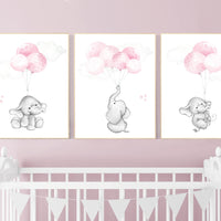 Nursery wall art girl, Nursery decor girl pink and gray, nursery wall art elephant, elephant nursery, nursery wall art animals, woodland.