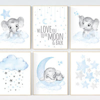 Nursery wall art boy, animal prints, elephant, moon, stars, cloud, nursery wall art, elephant nursery art, boy nursery ideas, animal art
