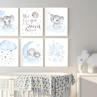 Nursery wall art boy, animal prints, elephant, moon, stars, cloud, nursery wall art, elephant nursery art, boy nursery ideas, animal art