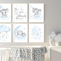 Nursery decor boy elephant, we love you to the moon and back, Blue and gray, moon and stars. nursery wall art boy elephant, baby blue, stars