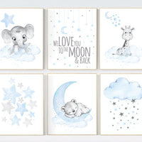 Nursery wall art bear, giraffe, elephant, animal prints, Animal nursery wall art, we love you to the moon and back, blue grey elephant