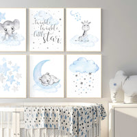 Nursery wall art bear, giraffe, elephant, animal prints, Animal nursery wall art, bear decor for nursery, blue grey elephant, boys nursery