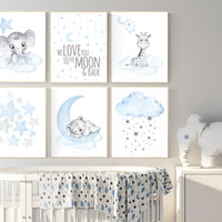 Nursery wall art bear, giraffe, elephant, animal prints, Animal nursery wall art, we love you to the moon and back, blue grey elephant