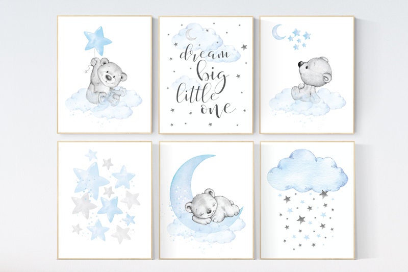 Nursery decor boy bear, boys nursery prints. nursery decor boy ideas, nursery art ideas, baby blue, grey, nursery wall art, sky, moon, stars