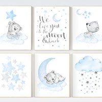 Nursery wall art bear, boys nursery prints. nursery decor boy ideas, nursery art ideas, baby blue, grey, nursery wall art, sky, moon, stars