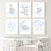 Nursery decor boy bear, boys nursery prints. nursery decor boy ideas, nursery art ideas, baby blue, grey, nursery wall art, sky, moon, stars