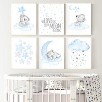 Nursery decor boy bear, boys nursery prints. nursery decor boy ideas, nursery art ideas, baby blue, grey, nursery wall art, sky, moon, stars