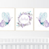 Nursery decor girl butterfly, purple turquoise, Nursery decor girl butterflies, purple mint, Butterfly Nursery Art, girl nursery name