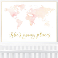 Blush nursery, watercolor world map, light coral, light peach, Nursery baby girl room, nursery wall art map, map print, girl room decor