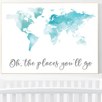 Aqua nursery decor, blue nursery, World Map wall art, watercolor world map nursery, world map wall art, aqua nursery decor, world map print