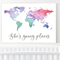 She's going places, World Map poster, world map wall art, nursery wall art, she's going places, pink purple, mint, grey, nursery decor girls
