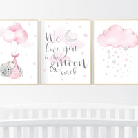 Nursery wall art girl , nursery wall art elephant, nursery prints elephant, girls nursery print, we love you to the moon and back