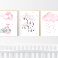 Nursery decor girl elephant, baby room decor girl, nursery wall art elephant, pink gray, nursery prints elephants, dream big little one