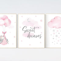 Nursery decor sweet dreams, Nursery decor girl elephant, baby room decor girl, nursery wall art elephant, pink gray, nursery prints elephant