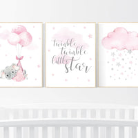 Nursery decor elephant, baby room decor girl, nursery wall art elephant, pink gray, nursery prints elephant, twinkle twinkle little star
