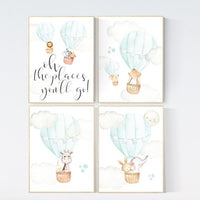 Hot air balloon nursery, nursery decor animals, nursery wall art mint, elephant, giraffe, bear, bunny, woodland animals, aqua, mint