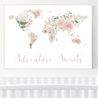 Floral World Map, Girl Nursery Decor, Travel Nursery Art, floral Nursery Print, blush nursery, Nursery baby girl room, Adventure Awaits