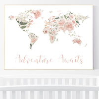 Floral World Map, Girl Nursery Decor, Travel Nursery Art, floral Nursery Print, blush nursery, Nursery baby girl room, Adventure Awaits