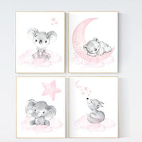 Animal nursery, nursery decor girl pink gray, nursery decor girl woodland animals, teddy bear, elephant, koala, baby girl nursery prints
