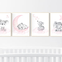 Nursery decor girl animals, pink gray, nursery decor girl woodland animals, teddy bear, elephant, koala, animal prints, girl nursery decor