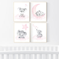 Animal nursery, nursery decor girl pink gray, nursery decor girl woodland animals, teddy bear, elephant, koala, baby girl nursery prints