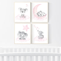 Nursery decor girl animals, pink gray, nursery decor girl woodland animals, teddy bear, elephant, koala, animal prints, girl nursery decor