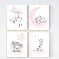 Animal prints, Nursery decor girl, elephant, bear, giraffe, animal nursery, bear nursery, pink gray, woodland animals, dream big little one