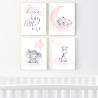 Animal prints, Nursery decor girl, elephant, bear, giraffe, animal nursery, bear nursery, pink gray, woodland animals, dream big little one