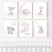 Animal nursery, nursery decor girl pink gray, nursery decor girl woodland animals, teddy bear, elephant, giraffe, baby girl nursery prints