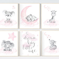 Animal nursery, nursery decor girl pink gray, nursery decor girl woodland animals, teddy bear, elephant, giraffe, baby girl nursery prints