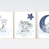 Nursery decor elephant and giraffe, animal nursery prints, navy nursery, navy blue nursery, baby room wall art, woodland animal prints