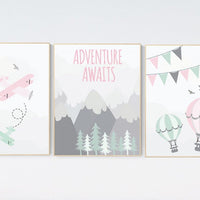 Nursery decor girl mountain, adventure nursery, nursery decor travel theme, world map mountain nursery, pink mint grey, girl room decor