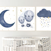 Nursery decor boy, Navy gold, cloud moon and stars nursery, hot air balloon, baby boy nursery idea, boy nursery art, navy and gold, prints