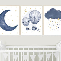 Nursery decor boy, Navy gold, cloud moon and stars nursery, hot air balloon, baby boy nursery idea, boy nursery art, navy and gold, prints