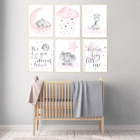 Nursery decor girl elephant, giraffe, bear, pink grey nursery, pink gray, girl nursery room decor, cloud, moon, stars, set of 6 prints